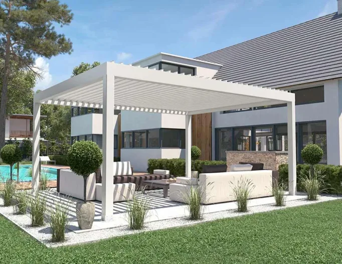 Bioclimatic aluminum pergola by MetaForm in a modern home's garden with outdoor seating