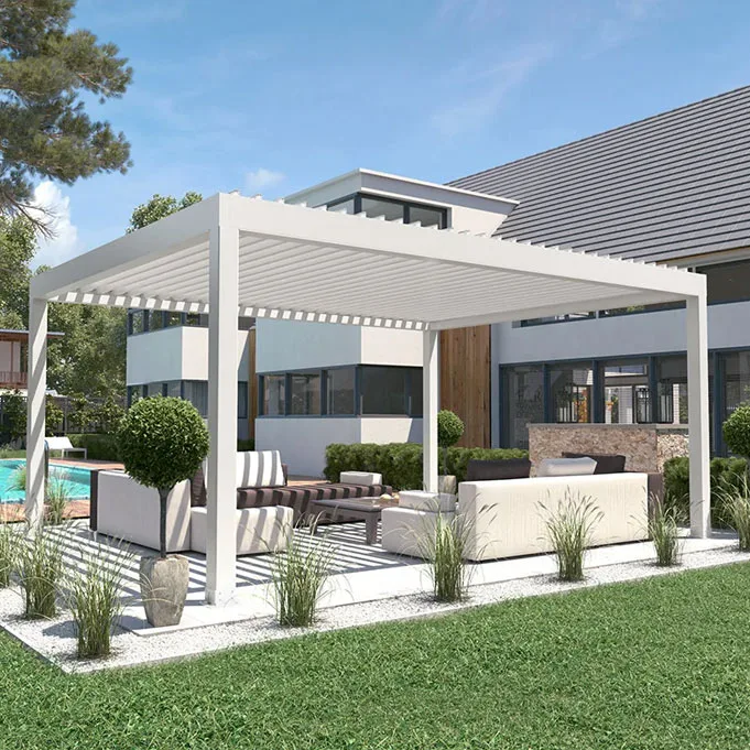 pergola futura gia kipo metaform Βιοκλιματική πέργκολα αλουμινίου MetaForm σε κήπο σύγχρονης κατοικίας με καθιστικό εξωτερικού χώρου