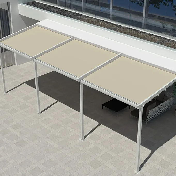 tentopergola tripli metaform Τρεις πέργκολες MetaForm με πάνελ σκίασης αλουμινίου σε επαγγελματικό εξωτερικό χώρο